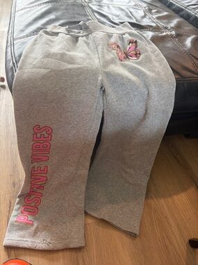 Girls' Gray Sweatpants with Pink 'Positive Vibes' & Butterfly Accent